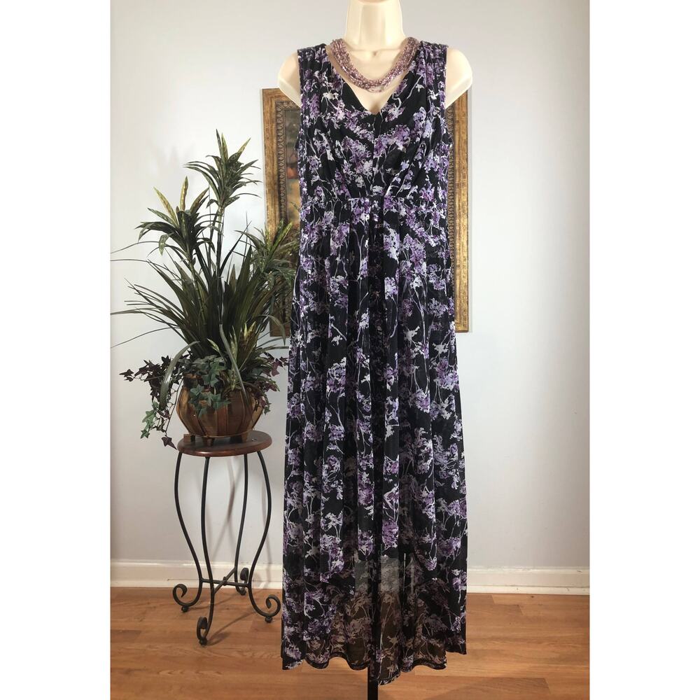 Simply Vera Vera Wang Dress Womens Medium Purple‎ Floral Sleeveless Maxi Sheer